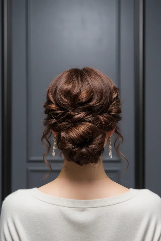 low bun with loose tendrils curly hair