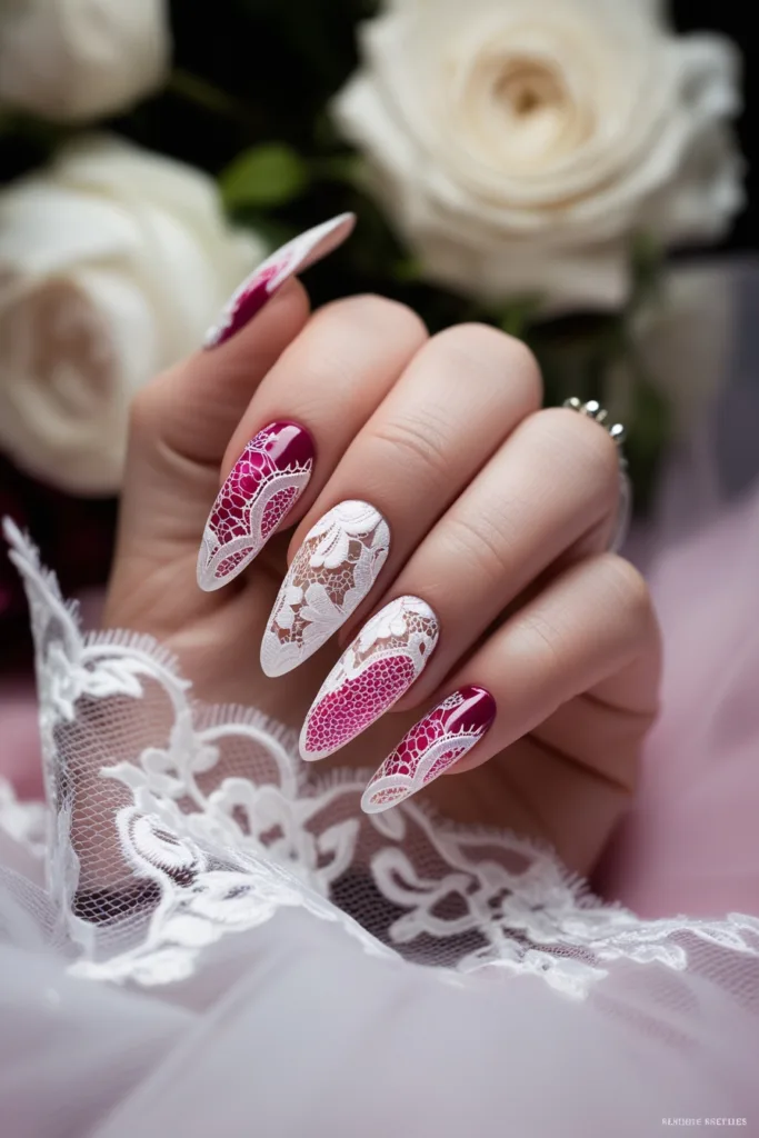 Lace design on pink nails